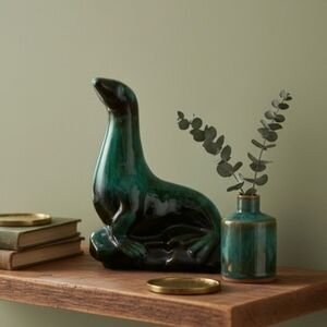 Blue Mountain Pottery - Vintage Emerald Green And Black/Brown Seal Figurine